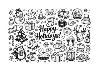 Happy winter holiday atmosphere, hand drawn doodle elements set, center hand-lettered title, black & white vector line art, bold