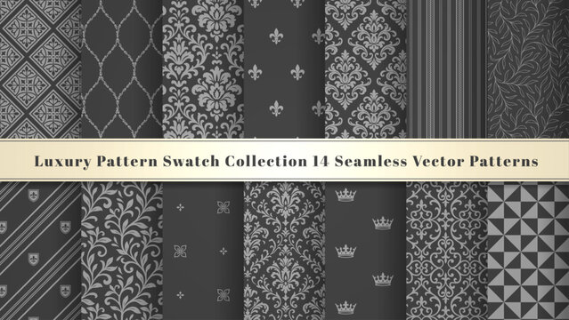 Luxury Silver & Gray Seamless Pattern Collection - Royal Damask and Geometric Backgrounds
