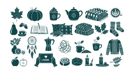 Cozy Autumn Fall Season Elements Collection Vector Illustration Warm Hygge Lifestyle Icons Set © RUMA