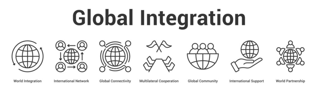 Global Integration web banner icon set vector illustration concept for business with icon of World Integration, International Network, Global Connectivity, Multilateral Cooperation, Global Communi.