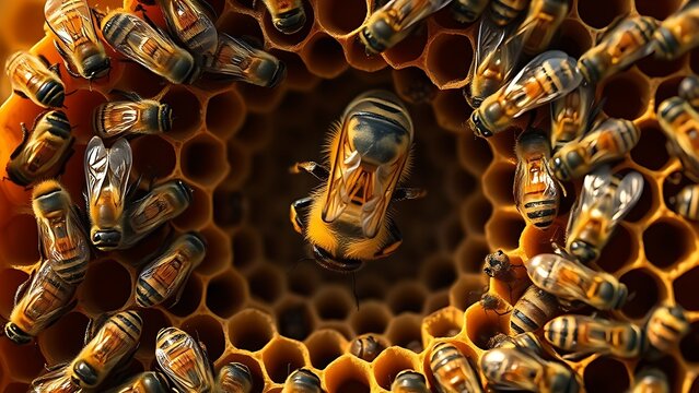 diploid. A queen bee surrounded by worker bees in a honeycomb during golden hour. wildlife magazines, conservation campaigns, designed for nature documentaries and education.