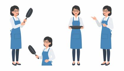 Obraz premium A woman in an apron and glasses holding a frying pan and a tray, demonstrating various cooking actions and poses.