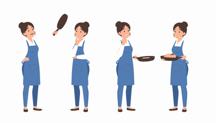 Obraz premium Cartoon woman in blue apron cooking with a frying pan, showing different stages of meal preparation from thinking to serving.