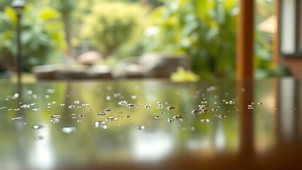 Fototapeta premium engawa. Morning dew on a smooth wooden engawa, reflecting a serene garden in soft light. travel magazines, destination branding, designed for outdoor magazines and nature guides.