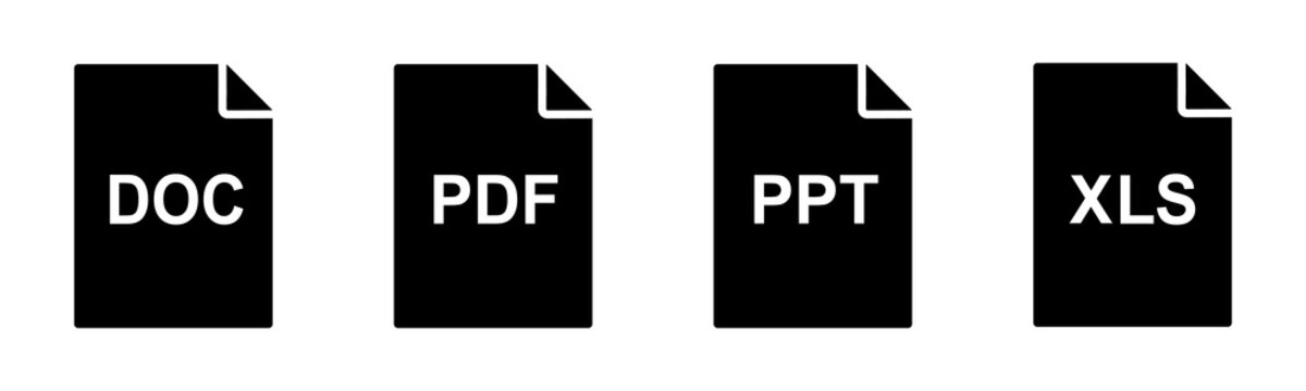 File format icon set with DOC, PDF, PPT and XLS document symbols. Office file extension icons for business documents, presentation, spreadsheet and report design