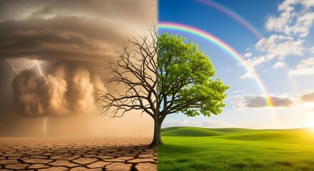 Fototapeta premium Earth day climate change awareness barren tree on dry land vs lush green tree with rainbow on fertile ground
