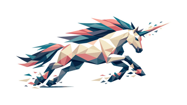 Galloping Geometric Unicorn. Low-poly vector illustration of a unicorn accelerating into a gallop, elongated angular stride with