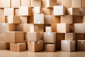 Stacked Cardboard Boxes: An organized assortment of blank cardboard boxes, artfully arranged, creating a geometric pattern of storage and potential for commerce. 