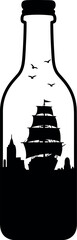 Silhouette of Sailing Ship in Bottle with City Skyline and Birds Vector Illustration © Safwan Creatives
