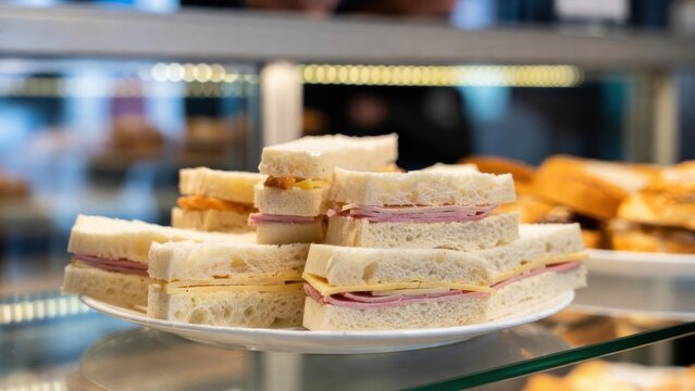 Classic Bakery Presentation: Platter of crustless tea sandwiches known as sandwich de miga displayed in bakery showcase
