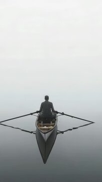 Vertical video: Rowing sculler starting strokes in dark kit moving to lens on foggy lake with oars