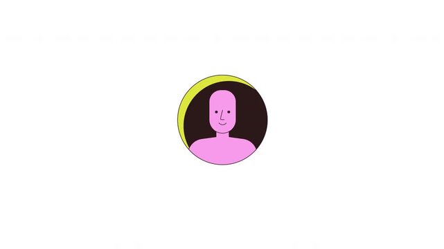 Friendly avatar smiling 2D cartoon icon animation. Simple character inside circular frame. User social media profile. Cheerful placeholder UI animated flat colorful element 4K video isolated on white