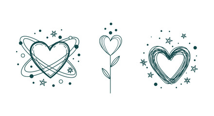 Romantic Doodle Hearts Vector Set Space Orbit and Floral Line Art Icons © RUMA