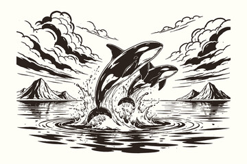 Vintage engraving style black and white vector illustration of orca whales leaping above ocean waves in dramatic marine line art scene. © Chairul