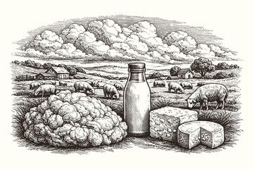 Vintage engraving style black and white vector illustration of sheep farm products with wool fleece, milk bottle and cheese in rural landscape. © Chairul