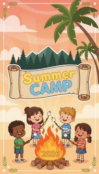 Cartoon image of children roasting marshmallow by bonfire beneath palm tree and "Summer Camp" banner, representing outdoor activity and holiday adventure