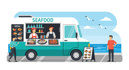 Modern vector illustration of seafood food truck near harbor serving grilled fish and shrimp. Coastal travel street food concept with tourists, outdoor dining and seaside lifestyle scene