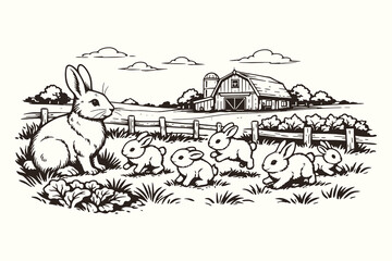 Obraz premium Vintage engraving line art vector illustration of rabbit family near farmhouse fence, detailed black and white countryside sketch