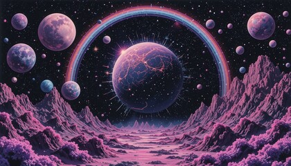 Fototapeta premium Vibrant cosmic landscape with planets, rainbow arch, and starry night sky