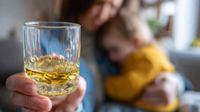 Woman reaching for a glass of alcohol, his child is crying. Dependence, failure to quit drinking concept