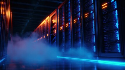 Naklejka premium A dimly lit data center corridor featuring illuminated servers emitting blue and orange lights