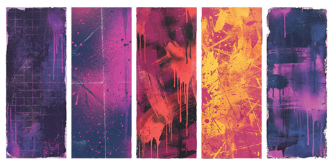 Set of five abstract vertical banners with vibrant graffiti splatter, grunge textures, and colorful street art style vector illustration © GraphixEra