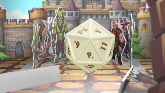 A DnD style intro with a stylized game board. A d20 cube rolls out onto the square and the number 12 appears.