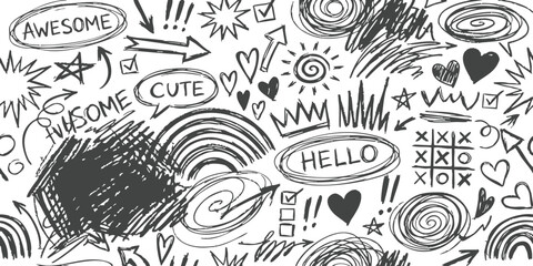 Hand drawn doodle background with creative sketches hearts stars speech bubbles and arrows in black ink vector illustration © GraphixEra