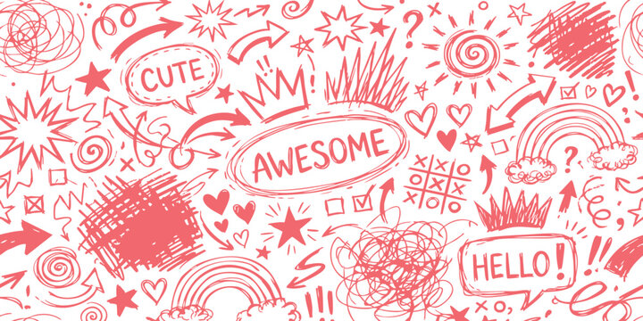 Hand drawn red doodle collection with hearts stars arrows and cute text elements on white background vector illustration