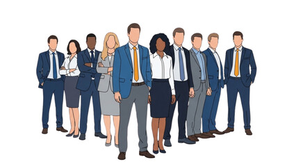 Diverse Professionals Standing Together in Business Attire in a Modern Office Environment from a Front Viewpoint