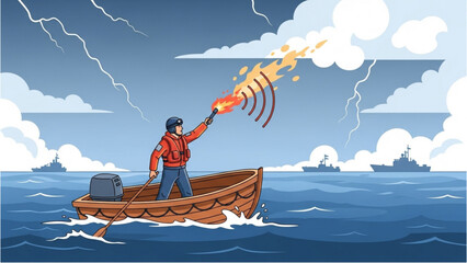 Man standing in wooden boat firing distress signal into stormy sea with warships in the distance © Stock Image Paradise