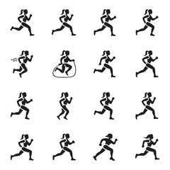 Black silhouettes of women running in various dynamic poses