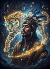 Obraz premium Mystical Shamanic Man with Spirit Jaguar, surrounded by Digital Totem Fractals