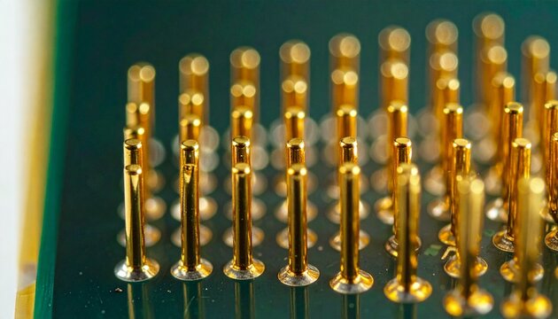 Macro View of Gold-Plated CPU Pins on a Computer Processor Unit and Motherboard Circuit
