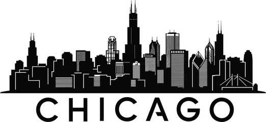Chicago city skyline silhouette vector illustration with iconic skyscrapers and landmarks isolated on white background for travel and urban design themes. © Creatives Hossain