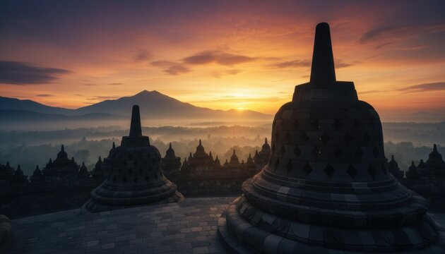 Majestic Borobudur stupa silhouettes against a vibrant sunrise sky with misty mountains in Indonesia