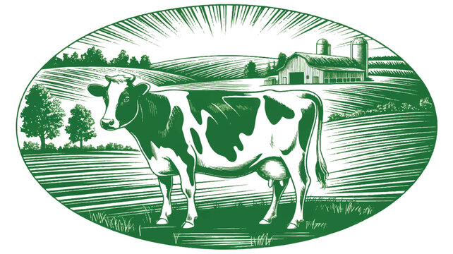A woodcut-style illustration in green and black showing a Holstein dairy cow standing in a plowed field (1)_traced