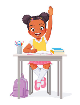 Young cute African-American elementary school girl sits at her desk raising her hand. Cartoon vector illustration.