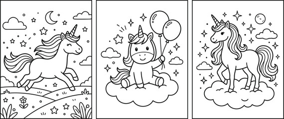 Cute Unicorn Coloring Pages Set Magical Fantasy Pony with Stars Clouds and Balloons Line Art Vector Illustration © pappa