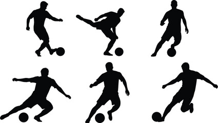 Collection of professional soccer player silhouettes performing various football actions like kicking dribbling shooting and passing the ball for sports design. © Creatives Hossain