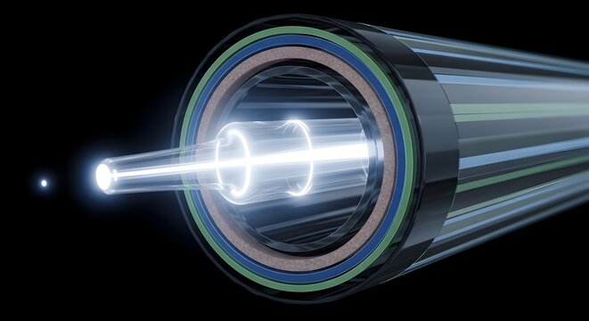 Fiber optic cable with glowing light transmission through core optical fiber glowing core telecommunications