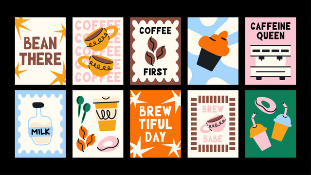 Cute Coffee Poster Set with Fun Typography &ndash; Bean There, Coffee First and Caffeine Queen Modern Cafe Wall Art