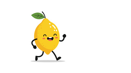 Obraz premium Cheerful cartoon lemon character with a green leaf and a happy expression running energetically across a clean white background.