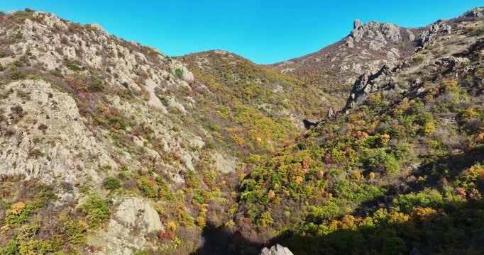 Bulgarian Mountains landscape. Aerial view of Halkata stone formation in Karandila mountain, called Blue stones, near Sliven city, Bulgaria on a sunny day