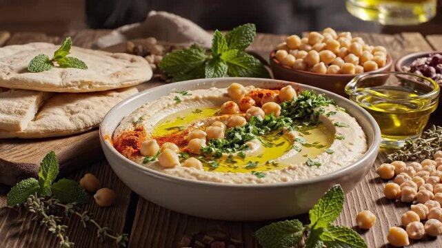 Delicious hummus preparation with fresh ingredients. Chef adds olive oil and spices on hummus. Culinary art showcases vibrant colors and appetizing presentation.