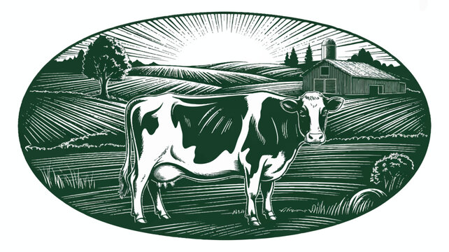 A woodcut-style illustration in green and black showing a Holstein dairy cow standing in a plowed field (3)_traced