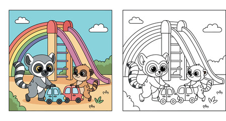 Cute cartoon lemur and meerkat friends playing with toy cars at playground with slide and rainbow vector illustration, happy animals having fun for children nursery design © MstSangita
