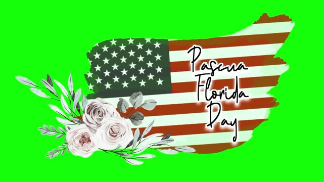Pascua Florida Day text animation concept with floral flower and American flag vector icon symbol popup. Animated black word design, editable lettering motion graphic video template with green screen 
