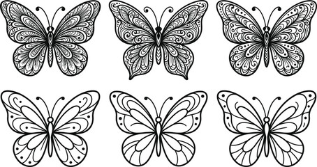 Fototapeta premium Ornamental Butterfly Line Art Set Detailed Decorative Wings and Simple Outline Insect Vector Illustration Collection