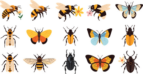 Flat Vector Insect Icon Set Featuring Honey Bees, Colorful Butterflies, and Garden Beetles for Spring Nature Education, Botanical Branding, and Summer Wildlife Designs